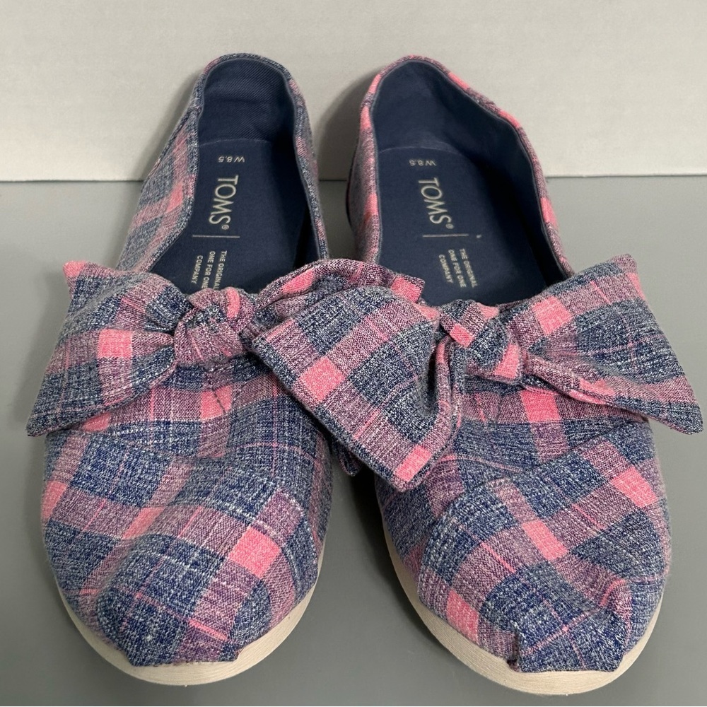 Toms Alpargata Plaid Bow Slip on Shoes Womens Size 8.5
